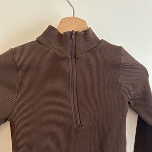 Ardene Ribbed Half-Zip Mock Neck Top — Brown